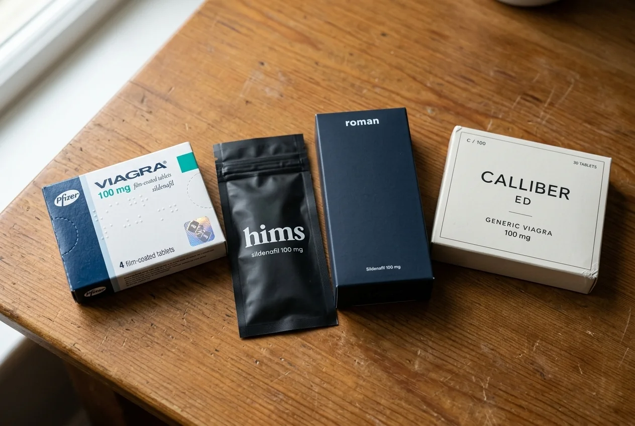 Four ED medication options side by side: Viagra, Hims, Roman, and Calliber.ED generic